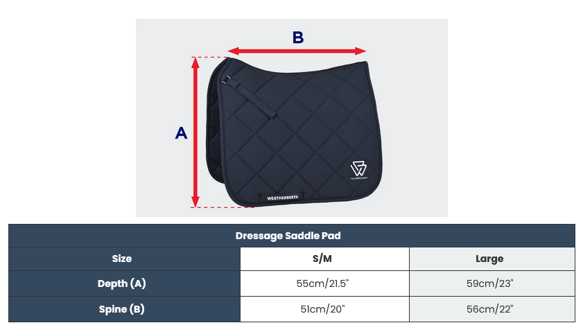 2025 Weatherbeeta Softshell Pro 3D Air-Tec Dressage Saddle Pad  Tableau des tailles
